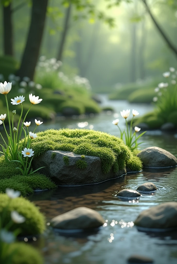 a moss-covered rock, surrounded by fresh white flowers and a gently flowing stream, creating a sense of tranquility and freshness.