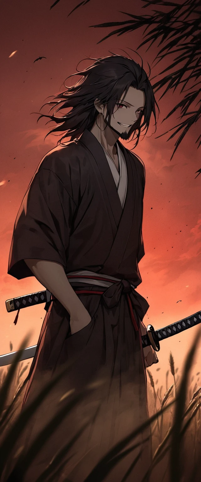 Scarlet Silk Ronin Costume。fog,Standing in a wheat field。Bust Shot。Dark Eyes。clothes are blowing in the wind。Grin。katana。Big Katana。Messy black medium length hair。forehead, A young ronin with a beard。Skinny man。alone。Spooky atmosphere。Japan。濃いfogの世界。Red Sky。Red flower,Chiaroscuro,Black tree。
