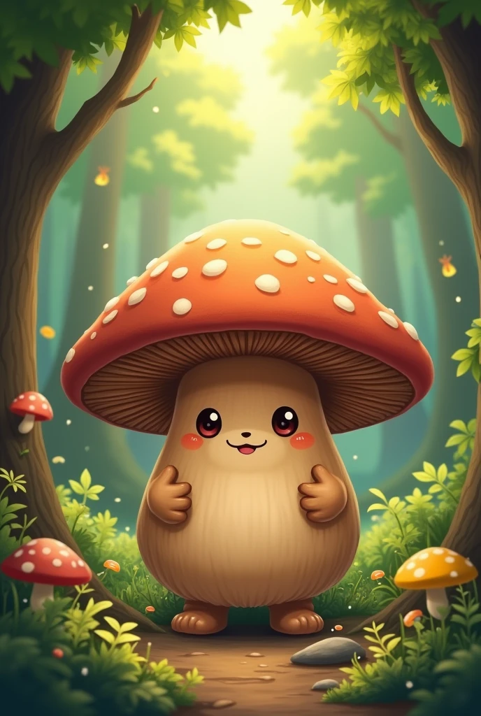 Shiitake mushroom, dark brown, cartoon, has a face, has legs, has hands, thick body, cute, beautiful in every detail, peeking out from the shadow of a tree in the forest