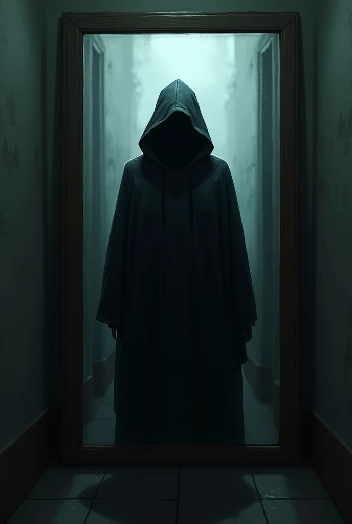 A shadowy figure standing perfectly still in the hallway glimpsed in the mirror behind you.