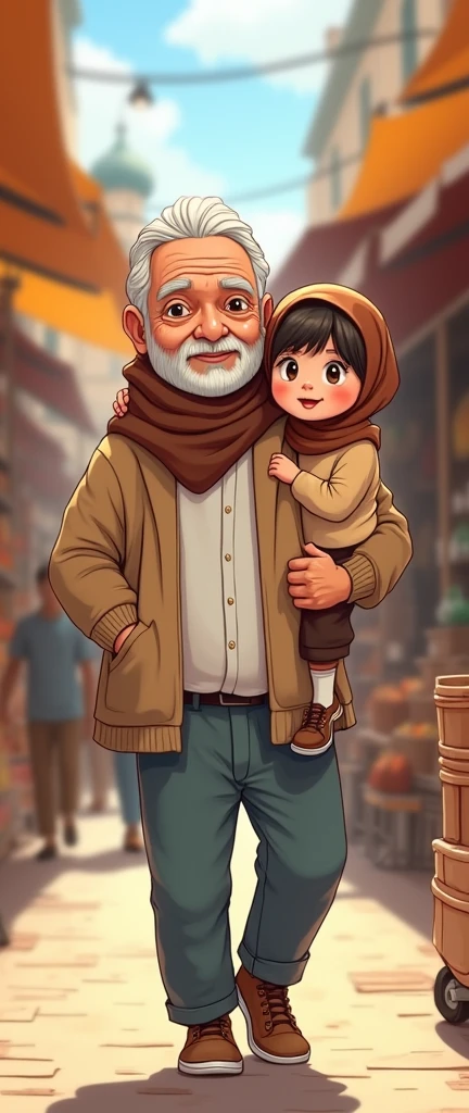 Cartoon with text:
(masterpiece, best quality, 4k, expressive eyes, perfect face, 2d style, flat style, hand drawn, perfect Illustration), Cute and adorable face, big detailed eyes,, Cute little cartoon girl, with brown hijab on, bangs, wearing oversized beige cardigan, white shirt, brown skirt, ((brown socks, long socks)), sneakers, being carried by an old man in the market, old man standing straight