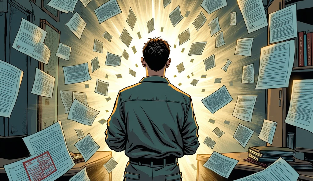 (Comic Book), Un installateur tente de voir à travers un épais brouillard de formulaire administratif. mais il est perdu parmi les signes de démarches administratives. une tornade de documents en fond