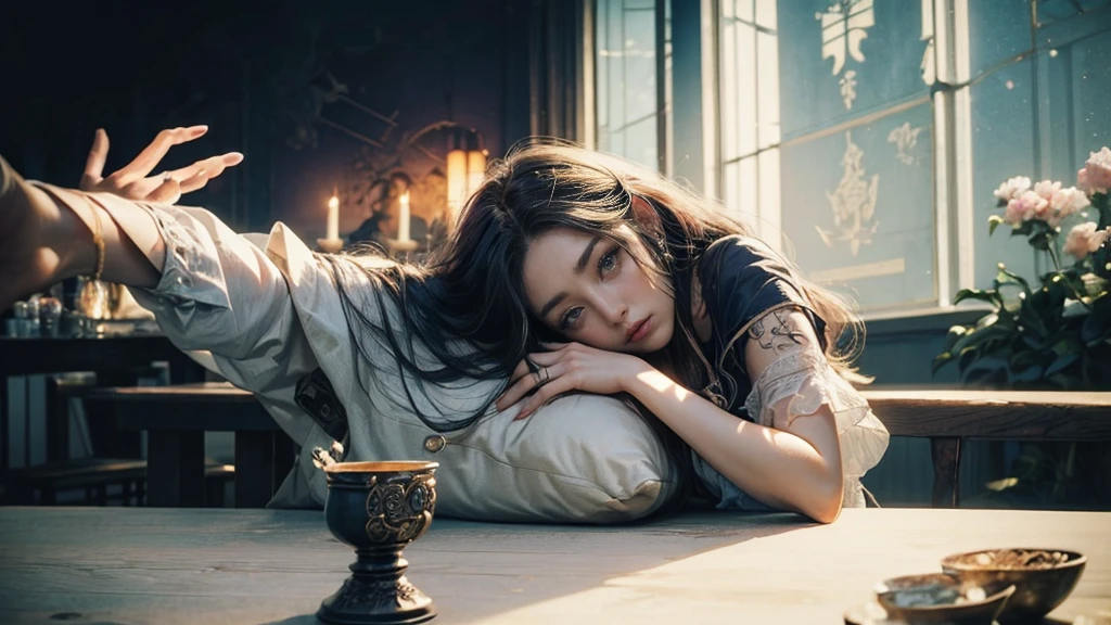 (Tabletop, Highest qualityの, Highest quality, Official Art, (beautifully、aesthetic:1.4), (Izanami 1.5), 日本のgod話の女god, Majestic beauty, 創造の女god、生命の女god、Typically、((((Typically))))、Reincarnation Support, god'Grace, Gentle and meditative expressions, Flowing, celestial garments, Shine、Created all the landscapes and worlds on Earth, A dazzling dance of light, Whispers of Ancient Legends,Hands below chest level,The hair is a little shorter,Short hairstyle、Gold and blue hair ornament on head、
