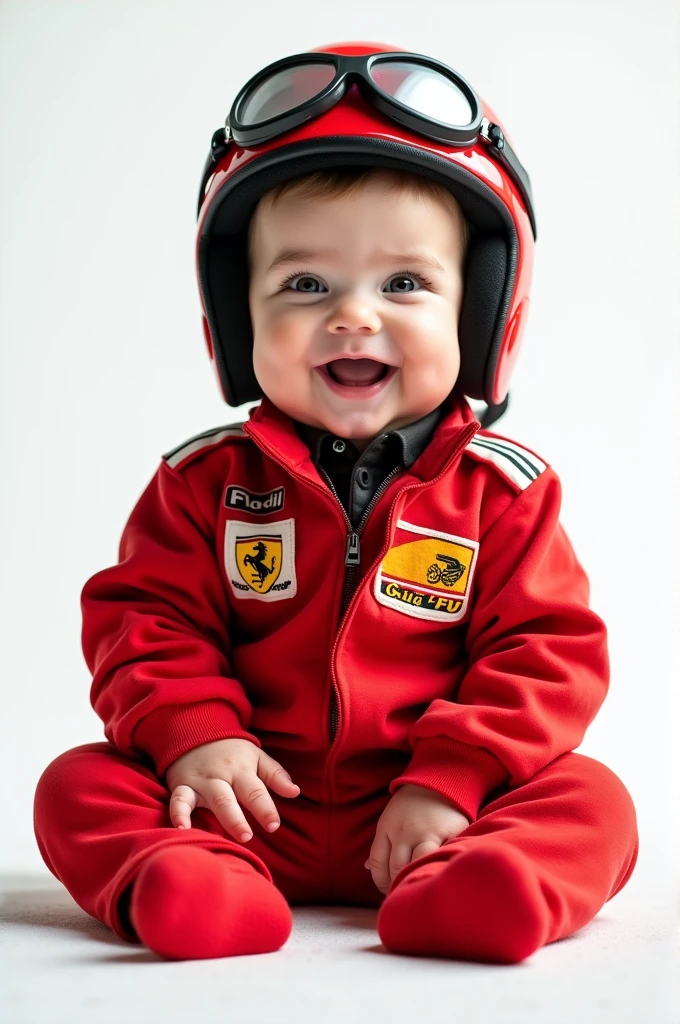 sitting pose, baby boy, red car racing outfit, photoshoot, smiling, whole body