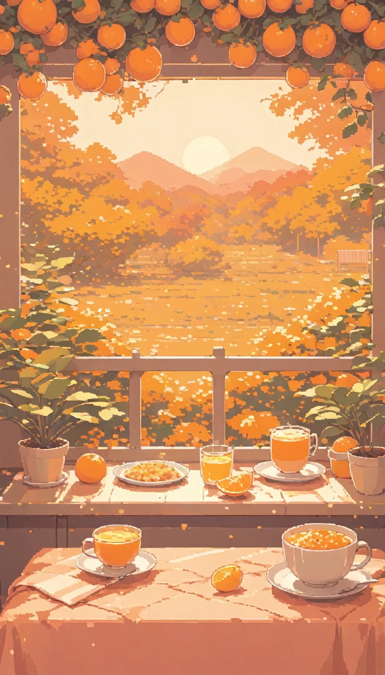 lofi pixel, No people ,Cozy,Orange Pink color tone ,foods