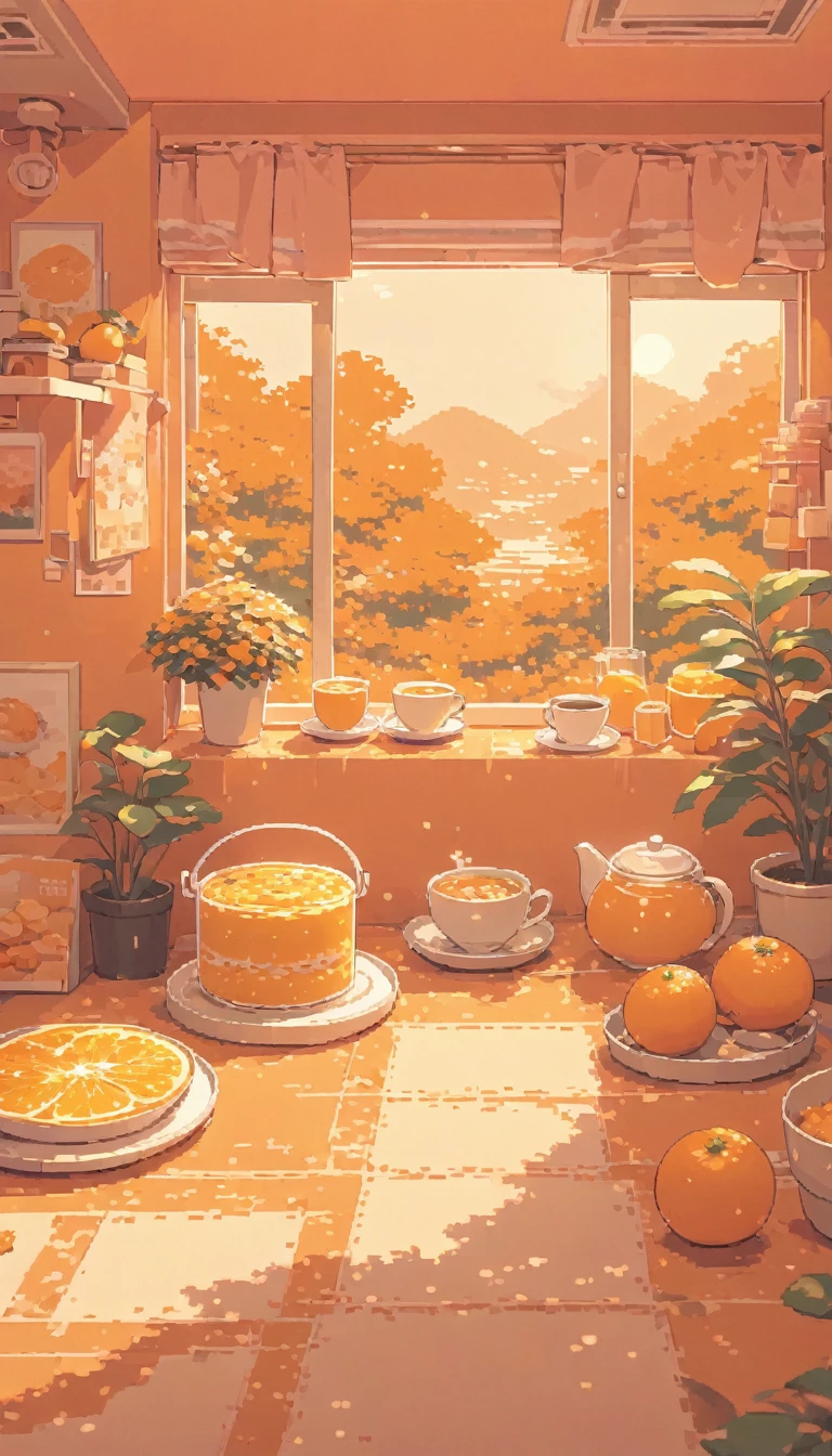 lofi pixel, No people ,Cozy,Orange Pink color tone ,foods