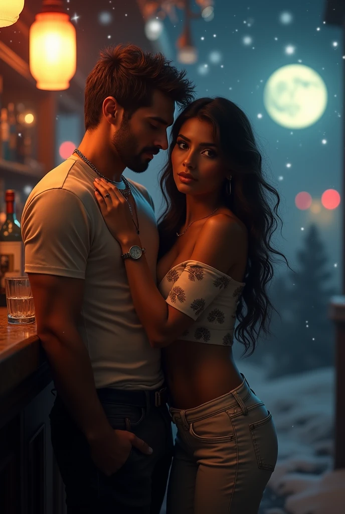 Beautiful indian sexy woman, full body portrait, moonlit night, winter, detailed face, cute, big eyes, iconic, photorealistic, detailed background as a bar , wearing shoulder off top and half pants,long wavy hair, cleavage, symmetric face, masterpiece, 8k, ultra realistic,drink in one hand,gently touching a handsome serious introvert decent weared man's chest ,man is not looking interested in her but she is mad around the man.