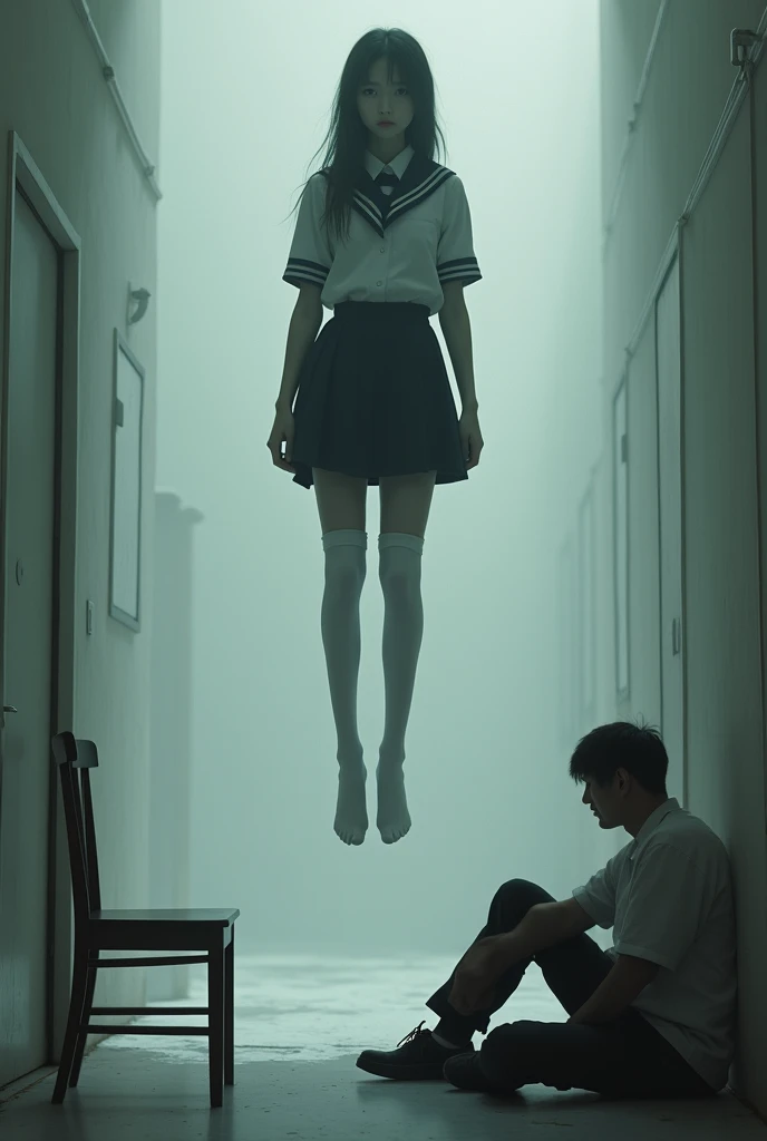 Scene of female student wearing white thigh high socks hanging herself to death ,hovering in the air , a man sitting on the ground in panic 