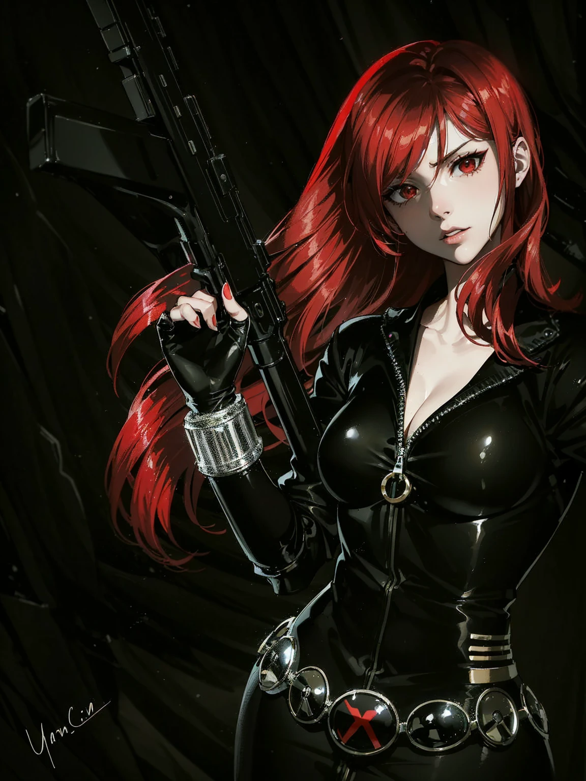 The image features a girl known as Black Widow with red, shoulder-length hair, and dressed in a sleek skin-tight shiny black latex bodysuit with a deep-cut zipper neckline revealing a large chest, the silver zipper running down the front. The suit is complemented by her golden wrist guard on both wrists and a black silver belt made of shiny black circles with a red "black widow" symbol buckle. She handles an AK-47 rifle with her right hand, one on top of the other. She appears with a cute smile on her face. She is set against a dark, black background, which contrasts her appearance and emphasizes her figure. From her intense gaze and serious expression, she appears confident, powerful, and ready for action.