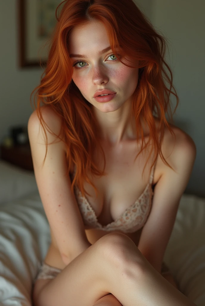 Une fille rousse avec des taches de rousseur et des yeux verts en amande. Les jambes croisées prenant une pose réaliste. Ce doit être une vraie femme. Elle doit être en lingerie. Elle doit être très sensuelle