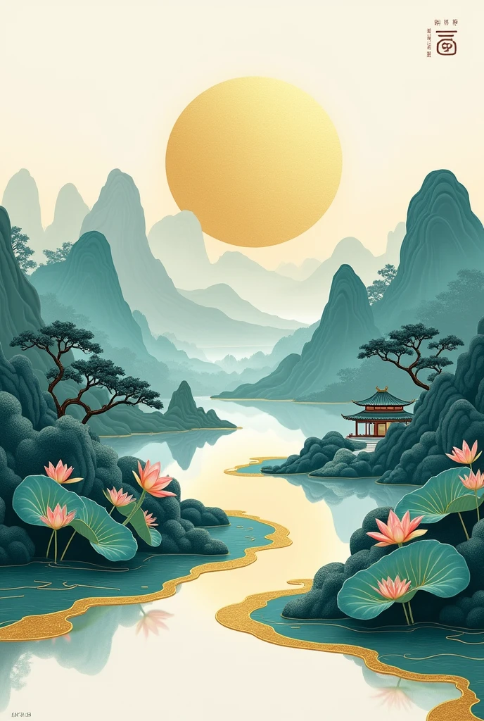 lots of white space.Chinese embroidery craft of a golden, blue and green mountain with pavilions and trees, with gilding and flowing liquid gold details. A minimalist color field style with freehand brushwork, blank spaces leaving organic forms against a simple background. The lotus lake is surrounded by golden edges in the style of Chinese landscape painting, with 8k details.