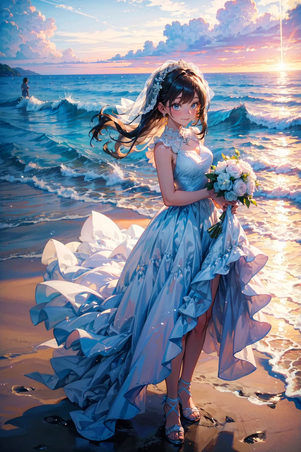 1girls,cute,solo,she wear wedding dress,white,take a photo,in beach,brilliant sea,brilliant sky,at evening