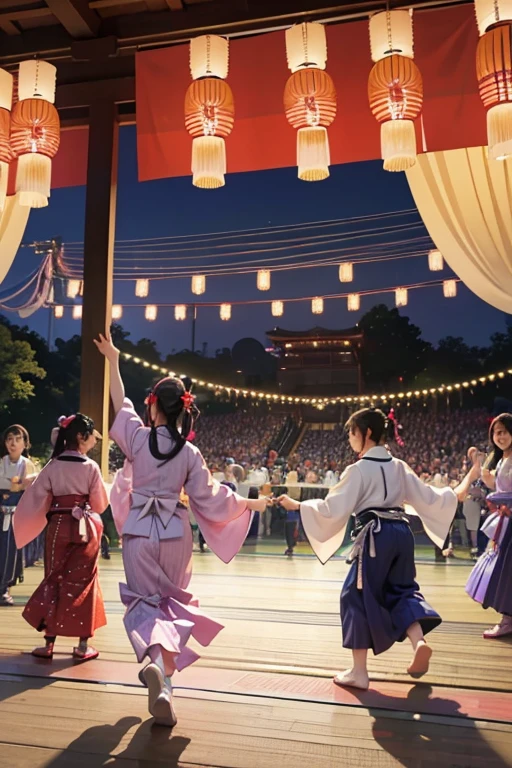 (Japan Bon Odori,最高masterpiece,Highest quality), Hot August,Bright vibrant anime art,People of all ages and genders dance and dance, Dancing in yukata,Laughing and dancing, Showing white teeth,Men and women dance in a circle, masterpiece,Highest quality,High resolution,