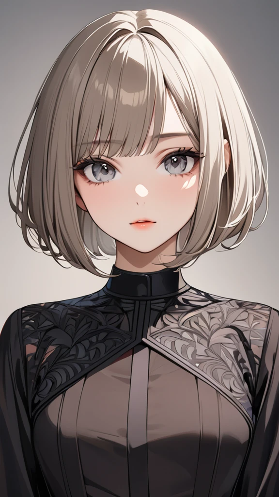 Highest quality masterpiece High resolution masterpiece Brown white Bob Grey Eyes blunt cut Front View Front hair