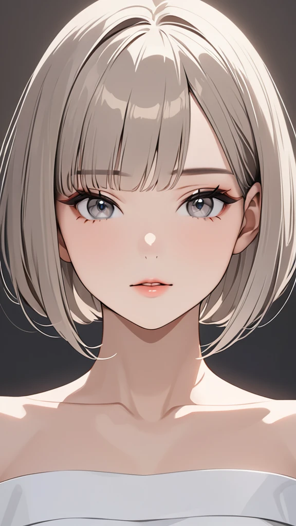 Highest quality masterpiece High resolution masterpiece Brown white Bob Grey Eyes blunt cut Front View Front hair