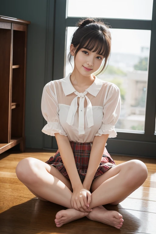 8k, RAW Photos, Highest quality, masterpiece:1.2), masterpiece, Highest quality, shape, Very detailed, The finer details, High resolution, 8k,wallpaper, Perfect dynamic composition,(High quality with attention to detail, Realistic depiction of eyes:1.3)、Hands tied、A woman tied up、Put your arms around my back, Tie your hands behind your back, Sitting with my feet together on the floor of a bright gym、Stand in front of each other with knees bent、with legs wide open,、Tartan Check Pleated Skirt、whole body、White panties are visible、The whole thing faces forward、２１talent、beauty、Well-formed face、Even out the eyes、Beautiful black hair、Bangedium Build、Balanced proportions、Beautiful feet、Short sleeve blouse、Fresh face、Beautiful views、smile、Big Tits 1.4
