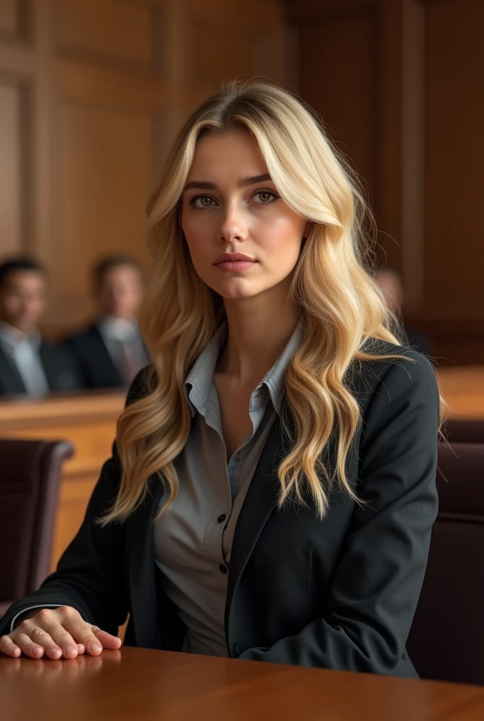 full blonde 30-year-old girl sitting in court.