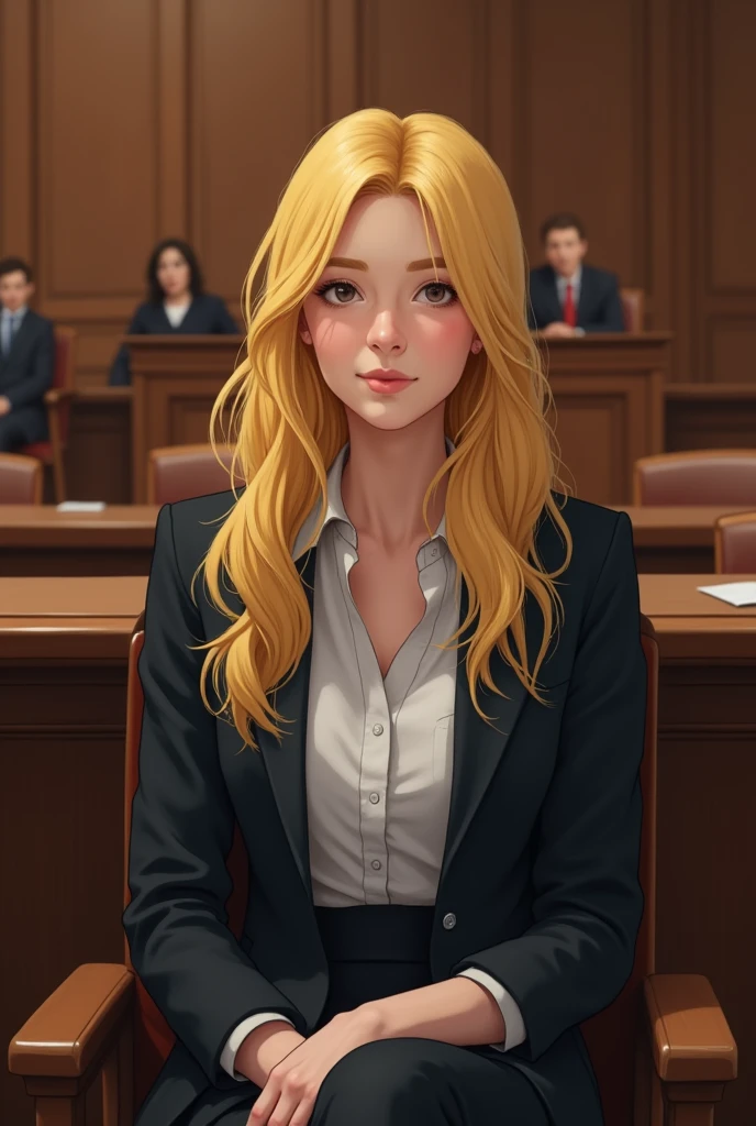 full blonde 30-year-old girl sitting in court.