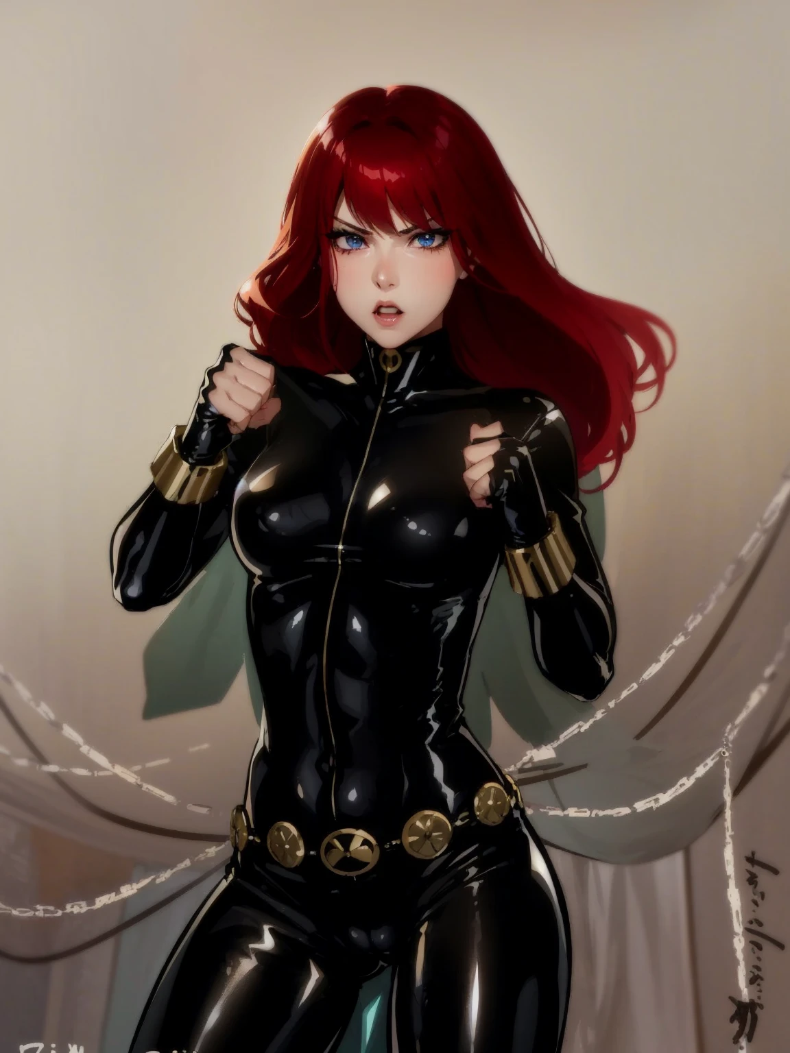 The image is a drawing of a girl with red hair dressed in a sleek skin-tight shiny black latex bodysuit with a silver zipper running down the front. The suit is complemented by her golden wrist guard on both wrists and a golden belt made of shiny circles. She has blue eyes. She stands with a strong posture, hands clenched into fists at her sides, and eyes cast with a determined or fierce gaze. In the background, there are white chains that curve upwards. Her overall stance and the background chains convey a powerful presence and a sense of energy, readiness for action, and possibly a dangerous situation.