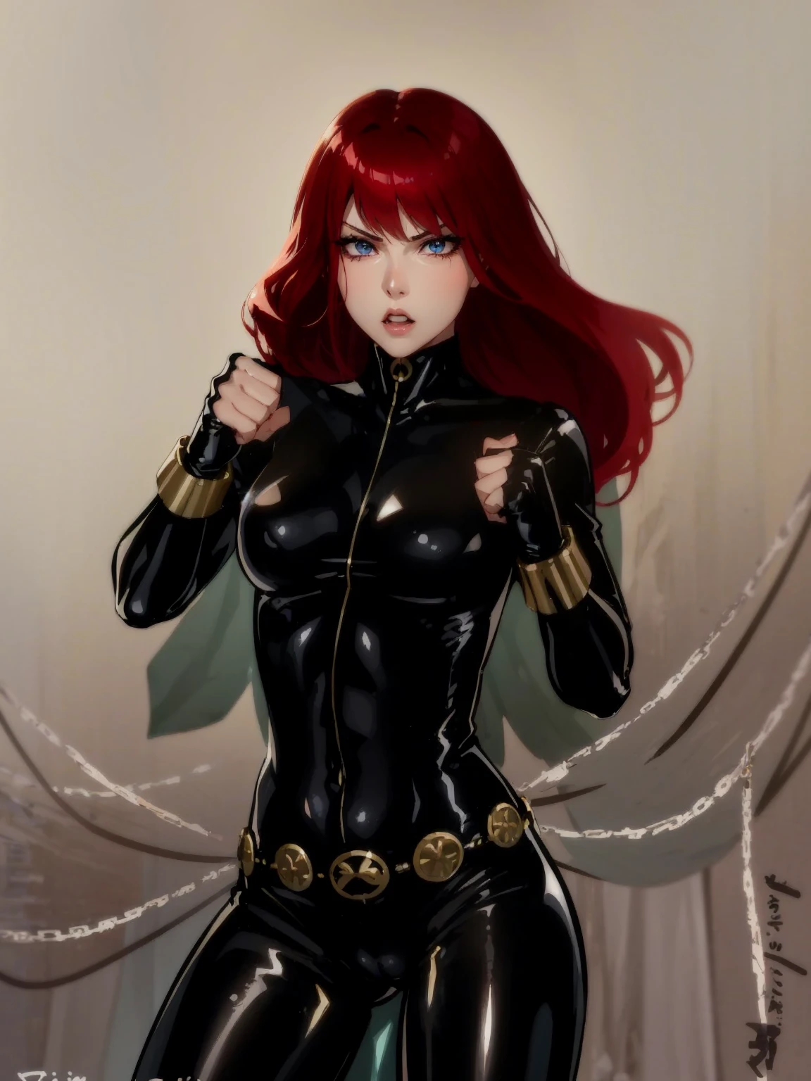 The image is a drawing of a girl with red hair dressed in a sleek skin-tight shiny black latex bodysuit with a silver zipper running down the front. The suit is complemented by her golden wrist guard on both wrists and a golden belt made of shiny circles. She has blue eyes. She stands with a strong posture, hands clenched into fists at her sides, and eyes cast with a determined or fierce gaze. In the background, there are white chains that curve upwards. Her overall stance and the background chains convey a powerful presence and a sense of energy, readiness for action, and possibly a dangerous situation.