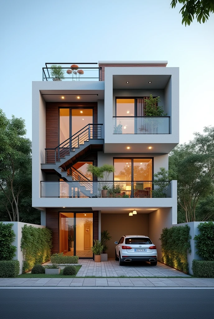 I need Indian style home elevation with ground+1 floor balcony type car parking included glass partition at the elevation staircases at loft 