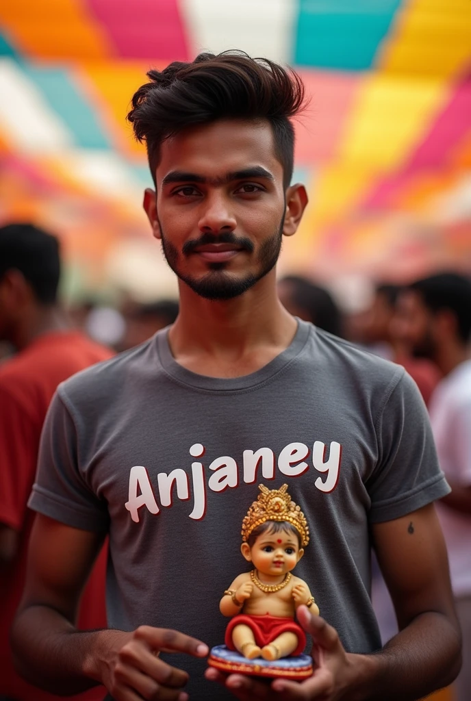 Celebrate janmastmi by boy
Anjaney written on his tshirt
man age 20 A statue of little krishna in his hand
his hair like virat kohli