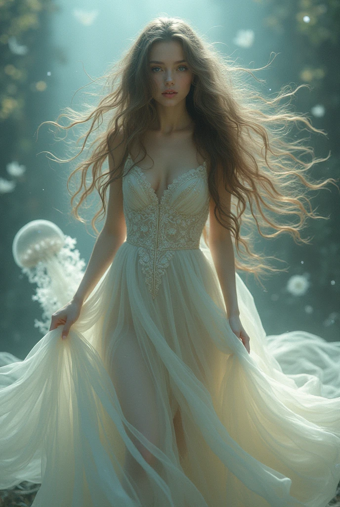 A beautiful girl with long hair and a floating feel in a jellyfish-like dress.
