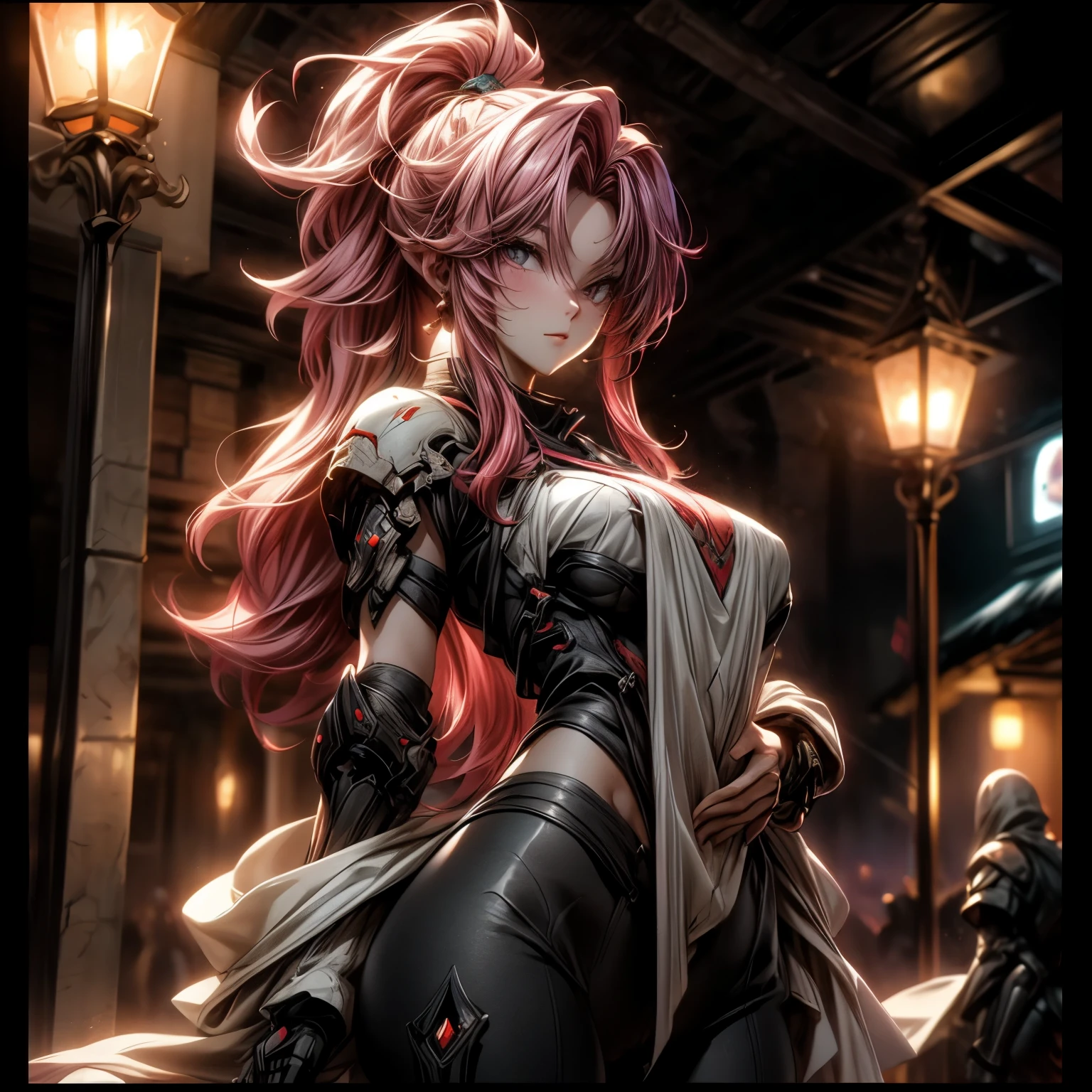 (best quality)), ((Masterpiece)), (details:1.4), 3d, HDR (high dynamic range), an image of a beautiful cyberpunk female, Hips up, Fantasy, Pink hair, High ponytail, beautiful white eyes, จมูกโด่ง, ปากแดง, หน้าอกใหญ่, nvidia RTX, PBR surface, After processing, Anisotropic filtration,depth of field, Maximum clarity and clarity, multi-layered surface, Subsurface scattering, perfect proportions, 8K raw files, ultra detailed, Perfect proportions, volumetric lighting, soft lighting, Holy Knight, Heavy Red Armor, glossy skin, Castle background, jewely, ต่างหู, นิ้วมือสมบูรณ์,