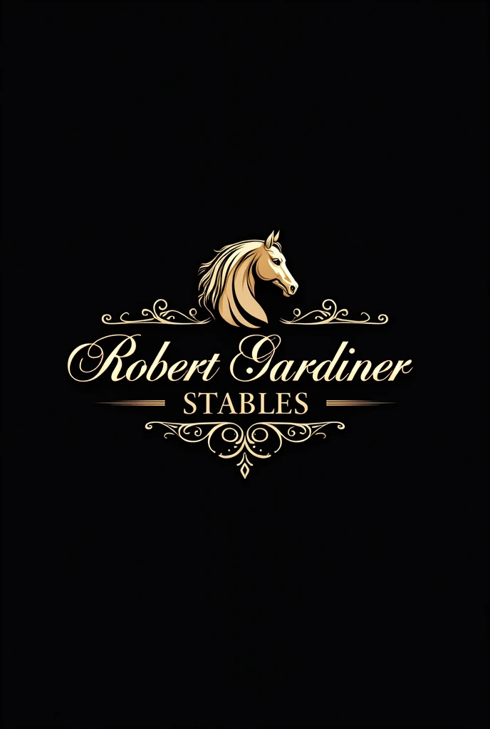 Design a luxurious logo for "Robert Gardiner Stables" featuring an ornate and detailed horse silhouette or head. Use an elegant, sophisticated serif or script font with decorative flourishes for the text. Incorporate rich metallic accents like gold or bronze, paired with deep colors such as transparent background