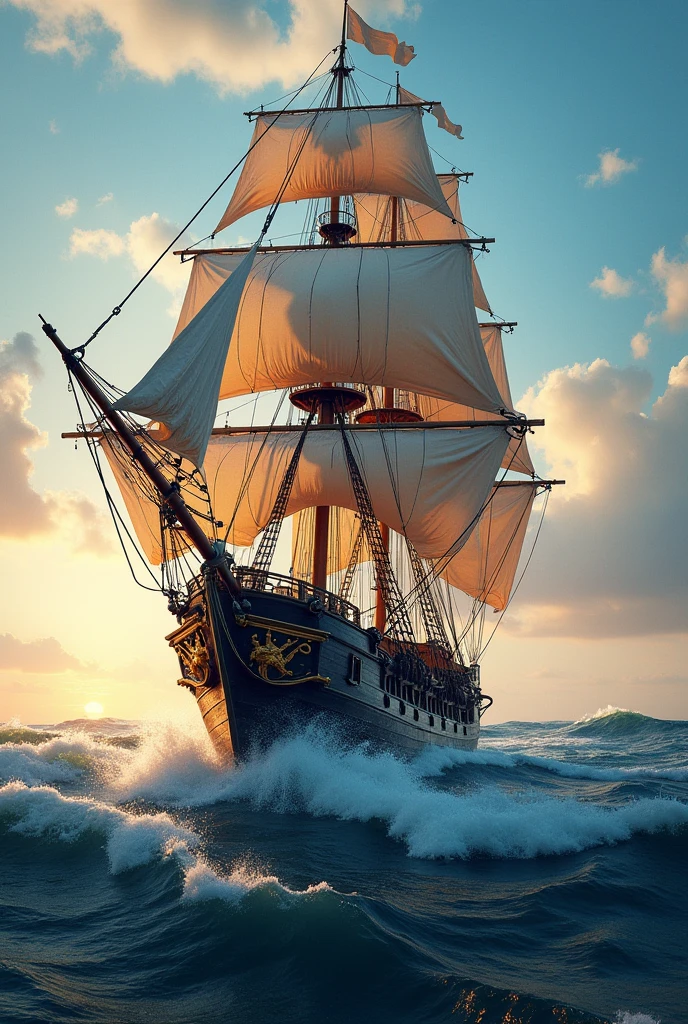 Create an image of an old sailing ship, sailing under full sail on the waves. The sailboat must be detailed., with visible masts, ropes and sails. The sails must be unfurled and filled with wind.. The waves around the ship must be realistic., with the play of light and shadow on the water. The background can be a sea horizon with a clear sky or a sunset., to create a romantic and adventurous atmosphere