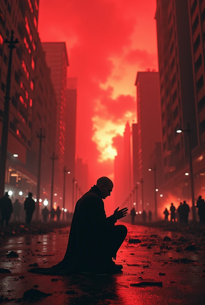 A city in chaos with a red sky and a man praying on his knees