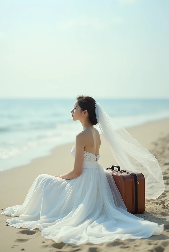 Photo réaliste d'une mariée assise sur une plage déserte. Elle contemple l'horizon tandis que le vent fait bouger son voile. Une valise est posée à ses côtés.
