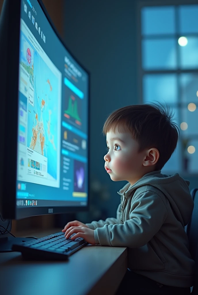 small,  boy, with big brown eyes plays on a big computer, with a large monitor in the game.