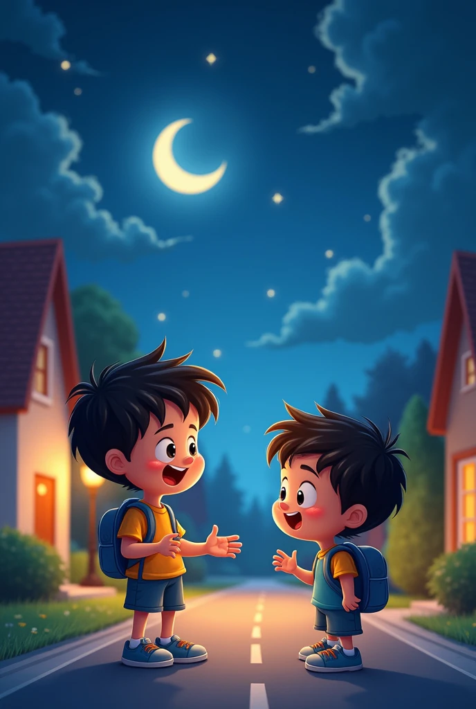 Twins cartoon boy in their home of age fiv e year age. Both are on the road in night time . One is chating with friends and other one os stearing the moon and the stars. One is chatting with friends on roadside