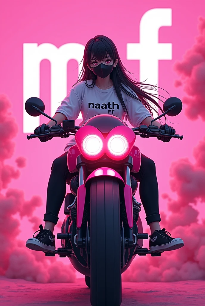 A more real life style anime with long hair and a black mask on top of a pink motorcycle with the words "mf" on the pink background with pink smoke with black pants white t-shirt written "NAATH FF" and black sneakers 