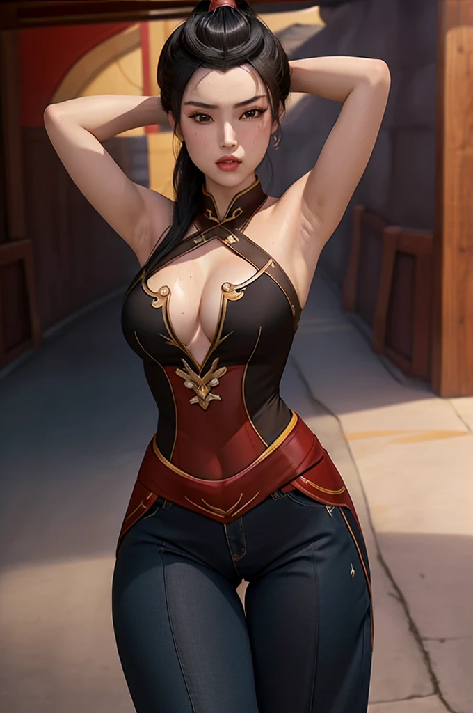 Beautiful, Masterpiece, Best Quality, extremely detailed face, perfect lighting, Cowboy shot, 1girl, Azula, the perfect body, taut clothes, seductive, pomade, makeup, looking a viewer, wide thighs,arm behind head,sweaty armpits