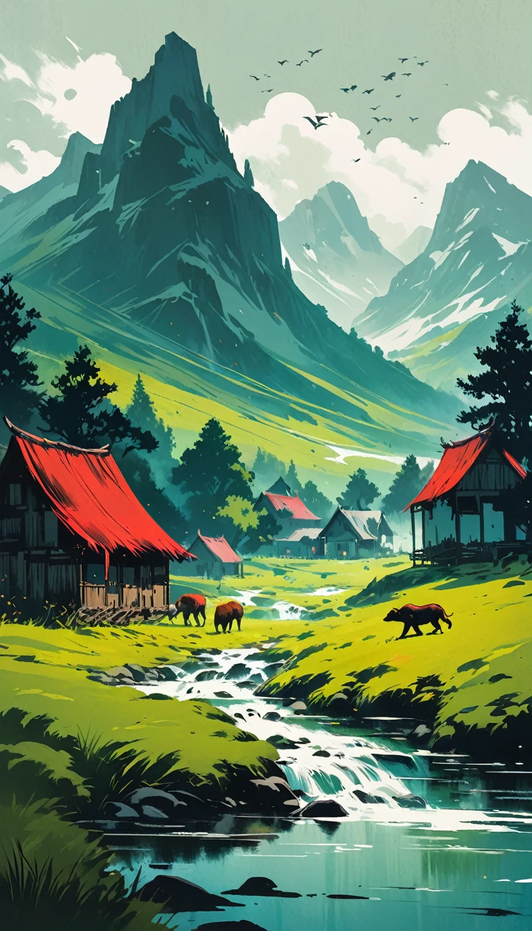 artist by Olly Moss,inside the village,wild animals,light tones,(smooth strokes),fine sketches,Vivid,Moody,Landscapes,Fantasy,Dark,landscape oil painting, red and green colors