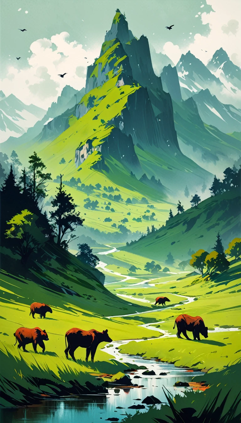 artist by Olly Moss,inside the village,wild animals,light tones,(smooth strokes),fine sketches,Vivid,Moody,Landscapes,Fantasy,Dark,landscape oil painting, red and green colors