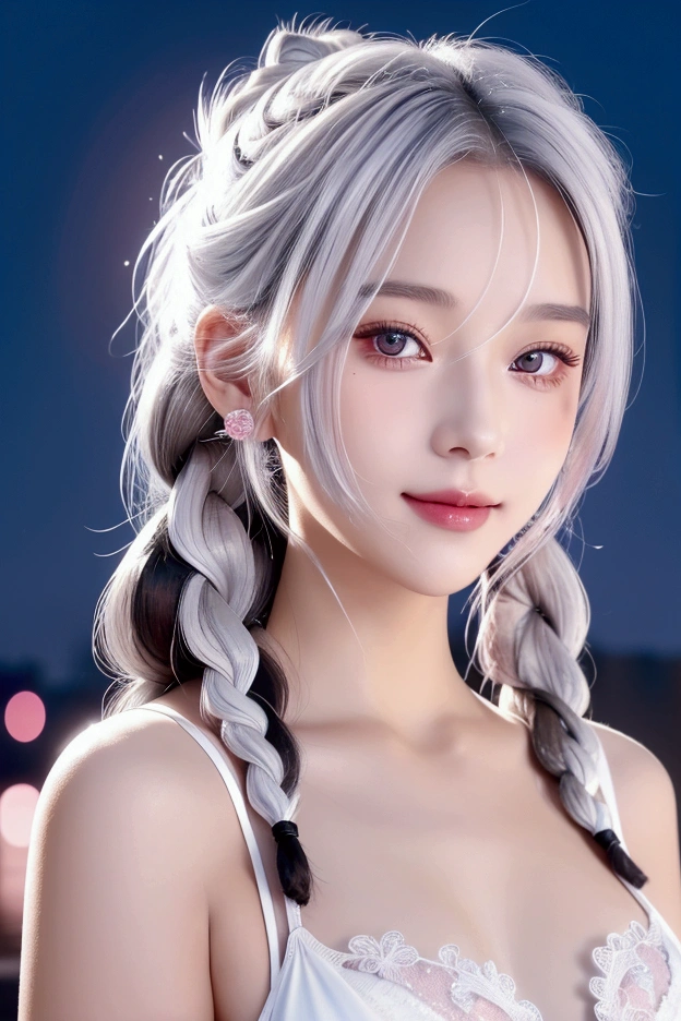 Close-up of a woman in a white and pink bikini and black panties., artwork in the style of Gouvice, Gouvice, Charming anime girl, City Sky Digital Background, Big Moon, with vehicles, best quality, Masterpiece, 8k, Edge of character light, Extremely high detail, High quality, The most beautiful woman in humanity, smile a little, The face faces left and right symmetrically., Ear decoration, Beautiful iris light effect, Image data, I have silver-white hair, Hair is not messy, long hair,Two high bun braids hairstyle, Luminous electronic clock, deep eyes, be happy, English Doodle Writing