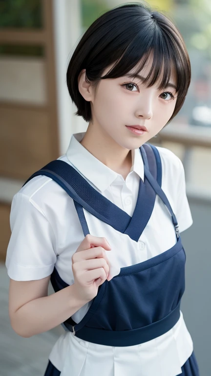 Japanese women 1 high school student Slender body、Summer clothes、Short sleeves with collar、Sailor suit、Navy blue mini skirt boyish、Red ribbon on chest、Shortcuts、Sports Bags Black Loafers White socks , Very cute one、、short hair、Gray Hair、Blue background、Upper Body、(head shot:1.5)、Eyes focus、Collared shirt、Laughter、、(8k、RAW Photos、Highest quality、masterpiece:1.2)、(Realistic、Realistic:1.3)、Hmph、Deep writing depth、Wide Light、High Contrast、(Shine:1.4)、chromatic aberration、Sharp focus、RAW Color PhotoMovie Still Images、Cinema Lighting、8k resolution、