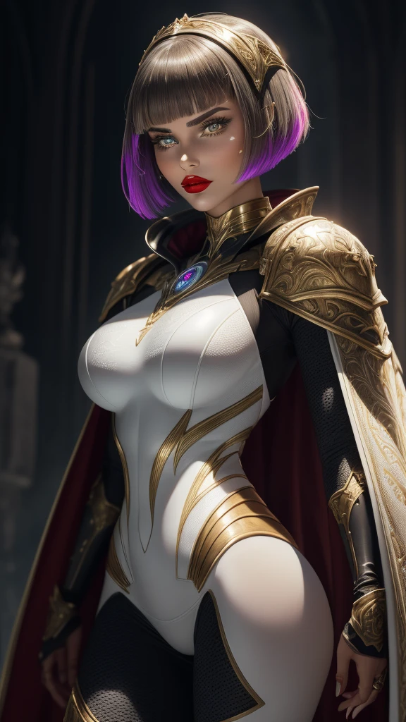 (Masterpiece) realistic bust to the below the pelves of a beauty hyperrealist & photorealist beauty young astonishing anime KNIGHT PRINCESS girl in highly & extremely detailed white futuristic combat plugsuit body with cape & scarf (masterpiece), magic & incantation glowing flying surrounded her, Unity 8k, pearly perfect WET skin with pores (short bob cut hair with colorful bangs fringes) ((perfect face shapes, complete perfect red lips, perfect nose, correct beautiful eyes, eyelashes, detailed intricate iris textured face in ZBrush)), full HD vines, midnight aura, BLOODBOURNE aesthetic STYLE, developed by Unreal Engine 5, Ultra Sharp Focus, Art by Alberto Seveso, Sci-Fi, vibrant & intricate Artwork, golden Ratio, epic, HR Giger STYLE