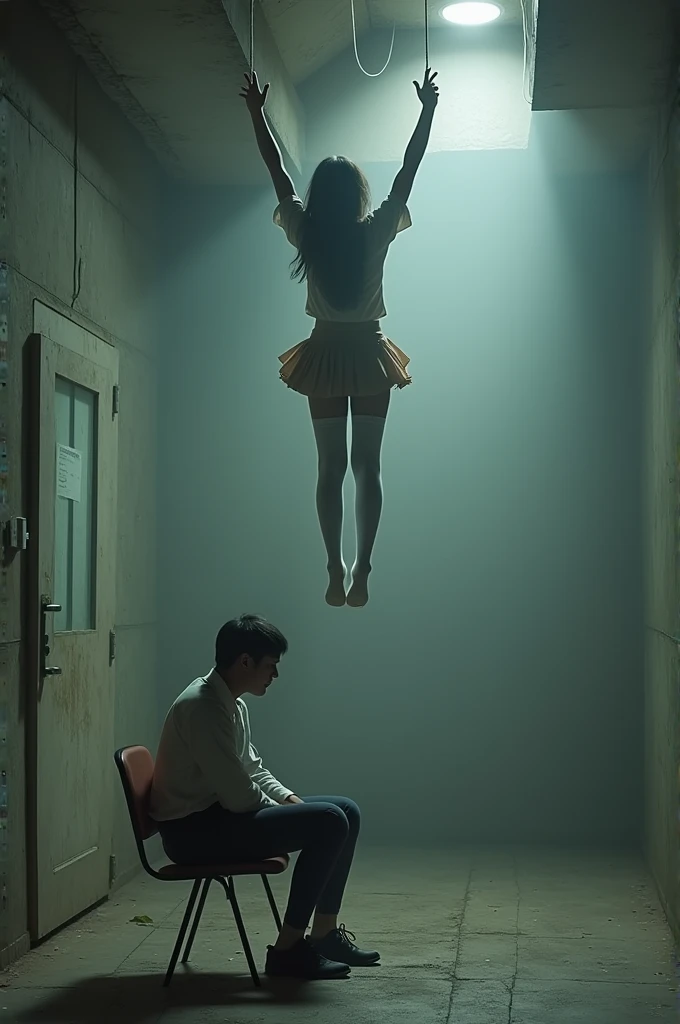 Scene of female student wearing white thigh high socks hanging herself to death ,hovering in the air , a man sitting on the ground in panic with a chair on the ground