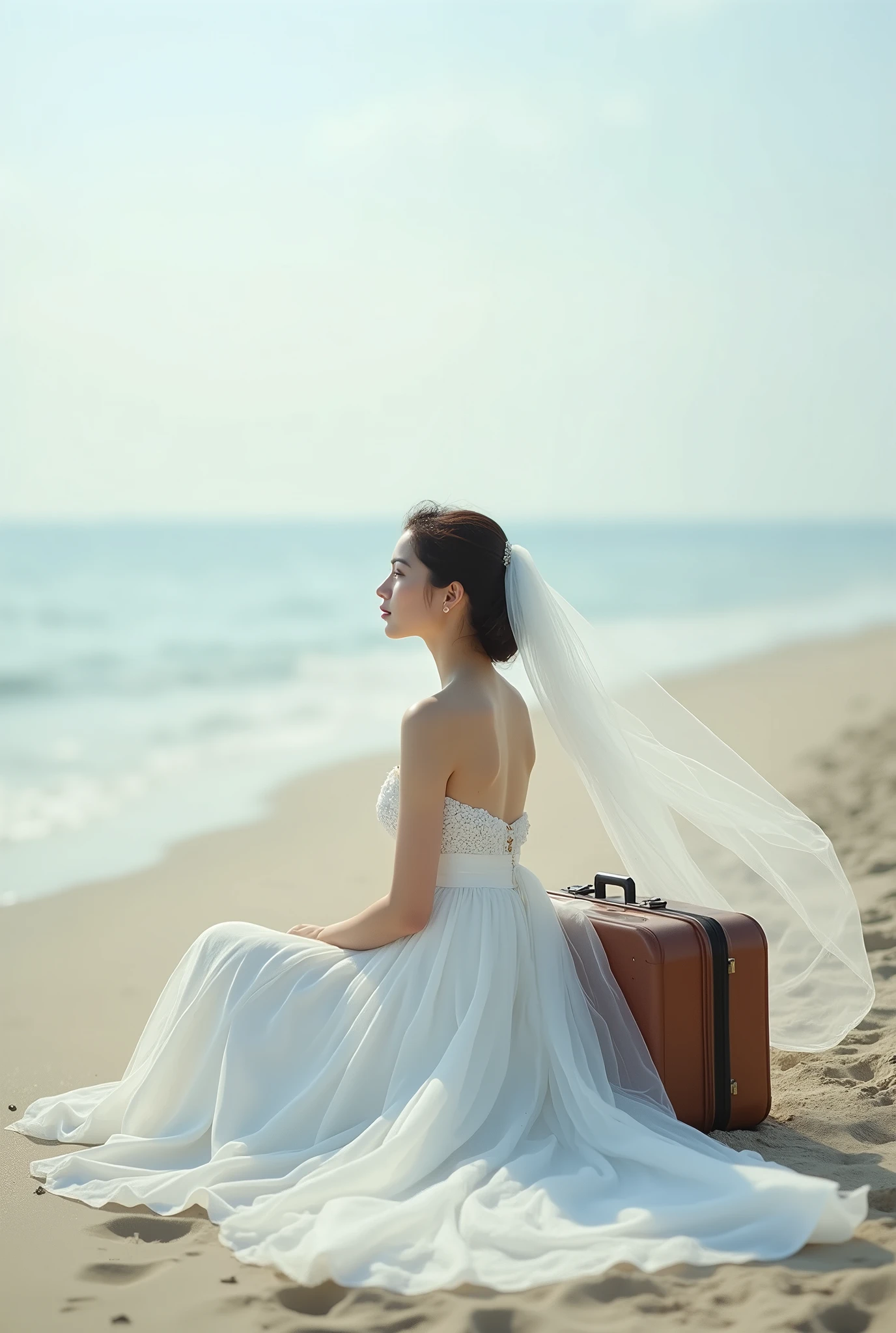 Photo réaliste d'une mariée assise sur une plage déserte. Elle contemple l'horizon tandis que le vent fait bouger son voile. Une valise est posée à ses côtés.