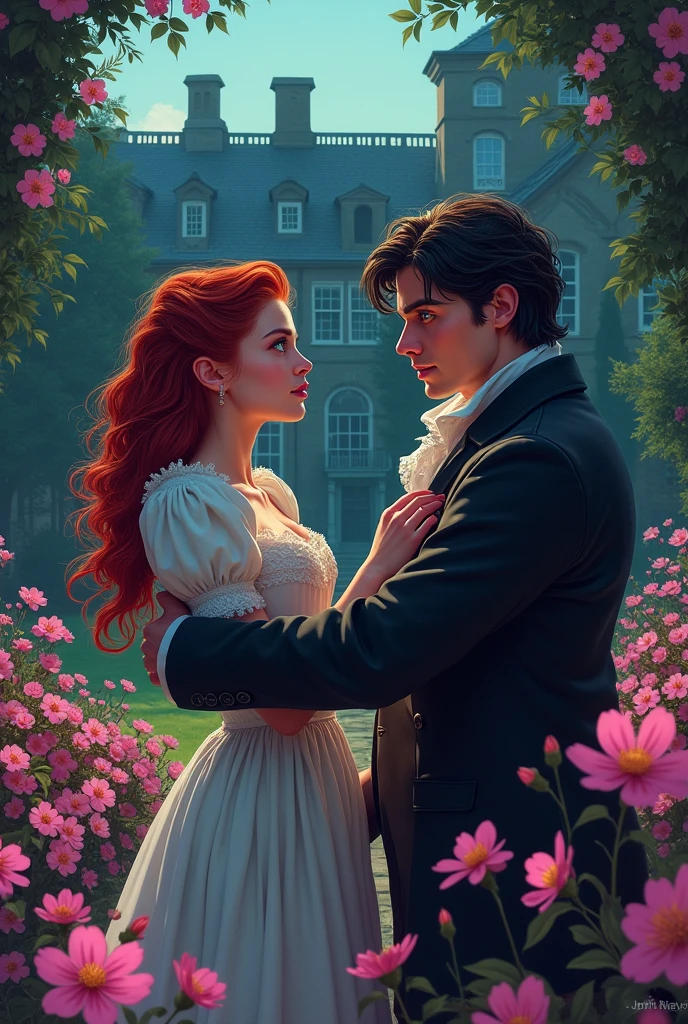 It's 1805 in Scotland in a primrose garden courtyard behind a great house. An arrogant young handsome gentleman with black hair grabbing a beautiful red head young lady with green eyes by the shoulders. She is wearing a simple servant clothing. She is not interested and pushes him away. Another handsome young blonde duke with blue eyes is angry running up to them. Neon, cartoon and supernatural theme.