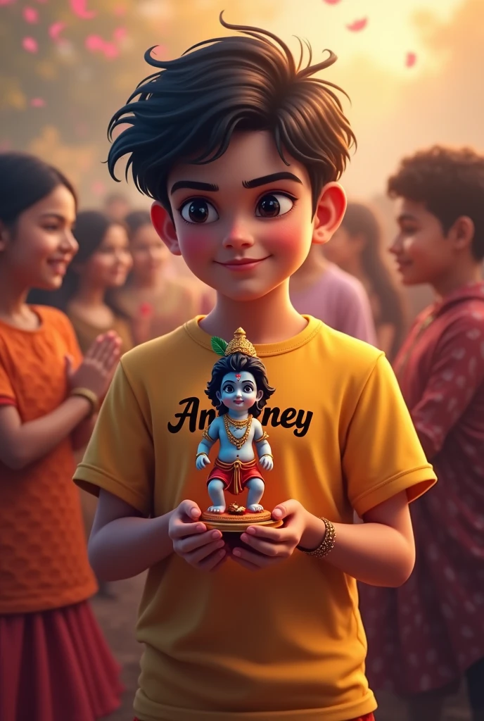 Celebrate janmastmi by boy
Anjaney written on his tshirt
boy age 20 A statue of little krishna in his hand
his hair like virat kohli