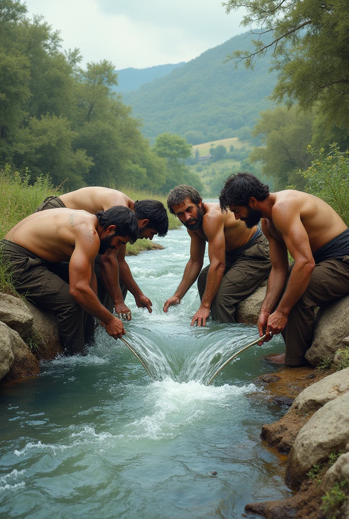 5 man drinking water form river