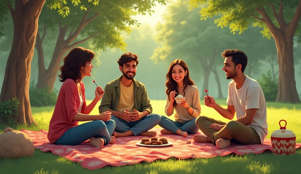 Picnic Time**: Depict the friends sitting on a picnic blanket in the park, enjoying snacks like Marium’s homemade candies and Ahmed’s chocolate kebabs.