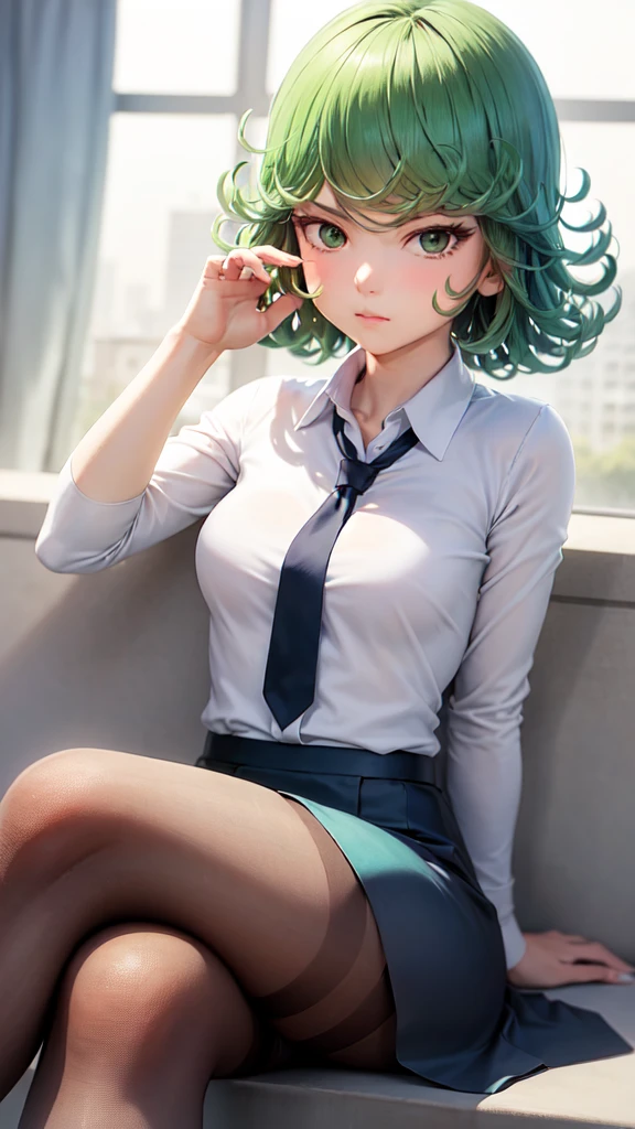 (masterpiece, best quality:1.2), solo, 1girl, tatsumaki, unamused, closed mouth, looking at viewer, hand on own face, sitting, crossed legs, collared shirt, necktie, skirt, pantyhose