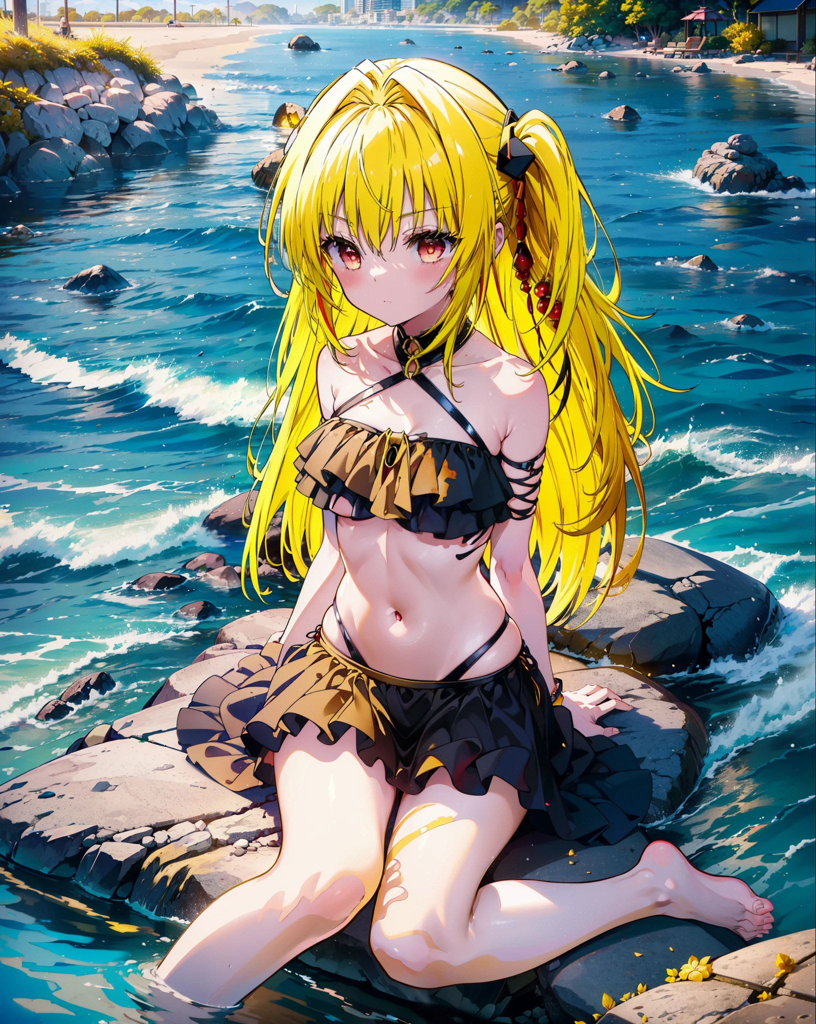 toloverumy, my, (Yellow Hair:1.5), Long Hair, (Red eyes:1.5), (hair ornaments:1.2), Both sides up, Black frilly bikini swimsuit,,barefoot,Sitting on a big rock,Rocky area,night,moonlight,meteor,whole bodyがイラストに入るように,
break outdoors, Beach,
break looking at viewer, whole body,
break (masterpiece:1.2), Highest quality, High resolution, unity 8k wallpaper, (figure:0.8), (Beautiful attention to detail:1.6), Highly detailed face, Perfect lighting, Highly detailed CG, (Perfect hands, Perfect Anatomy),