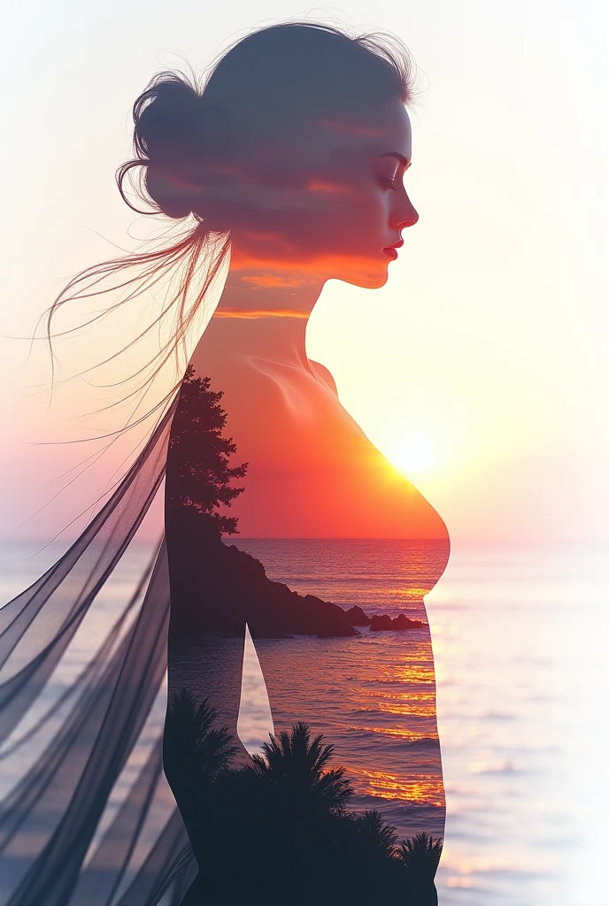 high quality, 8K Ultra HD, A beautiful double exposure that combines an goddess silhouette with sunset coast, sunset coast should serve as the underlying backdrop, with its details incorporated into the goddess , crisp lines, The background is monochrome, sharp focus, double exposure, by yukisakura, awesome full color,